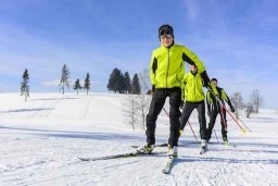 3 People cross country skiing